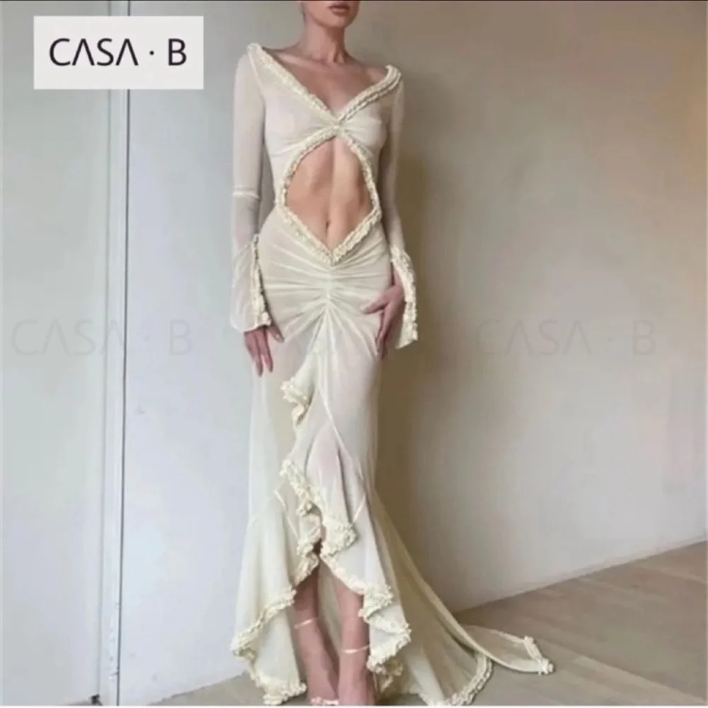 NEW💫to CASA B|“Glamour de Cannes” Mesh Cut-Out Frill Sheer Long Sleeve Lux Gown - Picture 12 of 17
